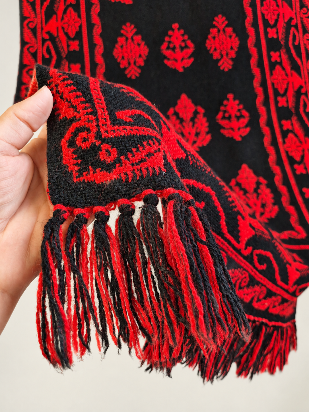 1970s Finnish Täkänä Wool Wall Hanging – Red & Black Double Weave, Midcentury Textile Art