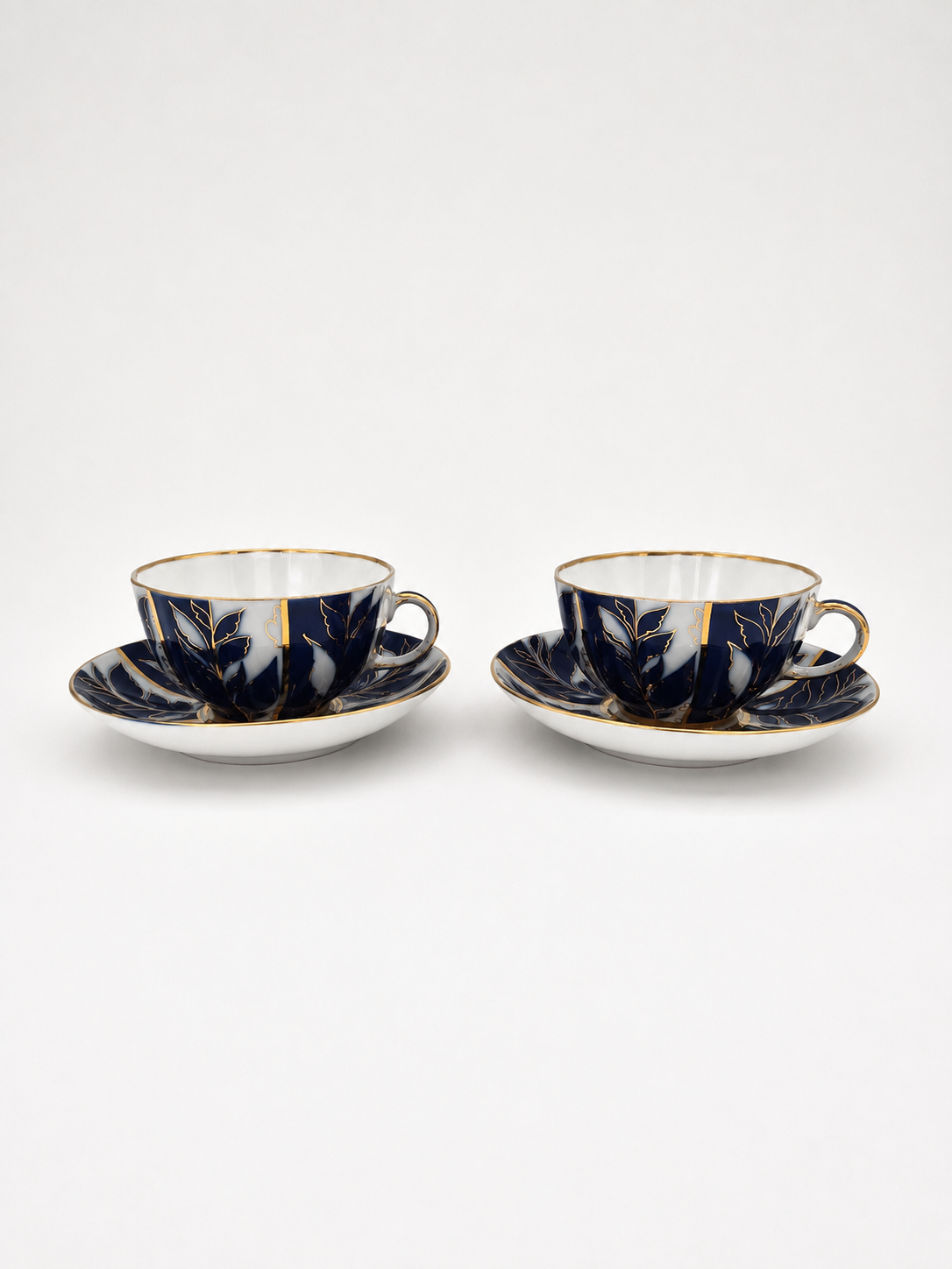 Set of 2 Vintage LFZ Lomonosov Teacup & Saucer, Soviet Porcelain, Cobalt Blue Gold Floral, Made in USSR