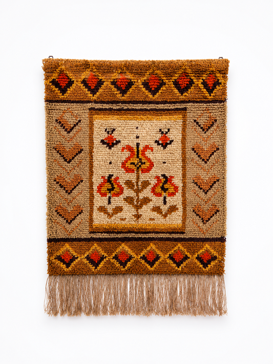 Vintage Finnish Ryijy "Pirtin Ikkuna" Wall Hanging – Handwoven Wool Textile Art – Scandinavian Tapestry Rug