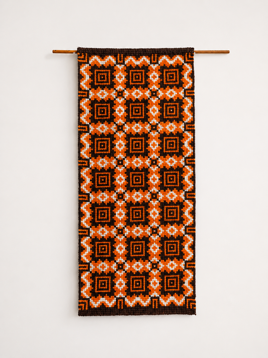 Vintage Finnish Handwoven Wall Hanging – 1970s Scandinavian Geometric Textile Art in Orange Brown & Cream, 43 x 100 cm