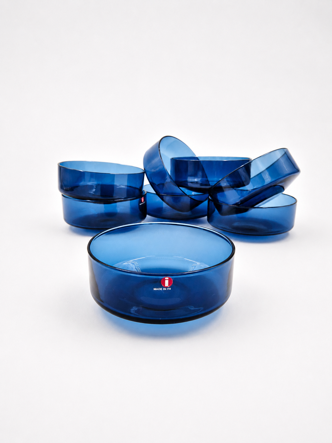 Set of 8 Vintage Iittala i-line Blue Glass Bowls, Timo Sarpaneva, Finnish Mid-Century Design