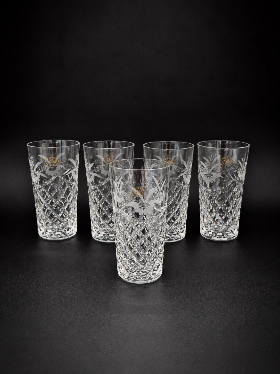 Set of 5 Ajka Crystal Drinking Glasses | Vintage Hungarian Cut Crystal Tumblers | Floral Etched Glassware