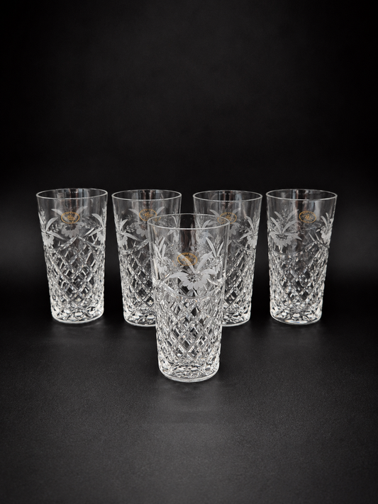 Set of 5 Ajka Crystal Drinking Glasses | Vintage Hungarian Cut Crystal Tumblers | Floral Etched Glassware