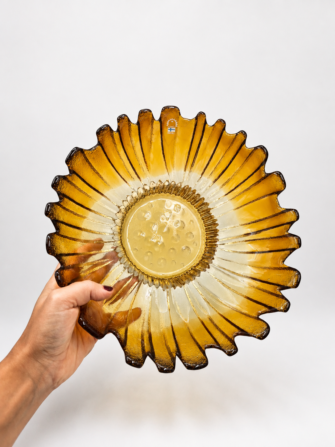 Vintage Humppila Tokka Bowl by Tauno Wirkkala, Amber Glass Bowl, Finnish Art Glass, 1970s Kalevala Series