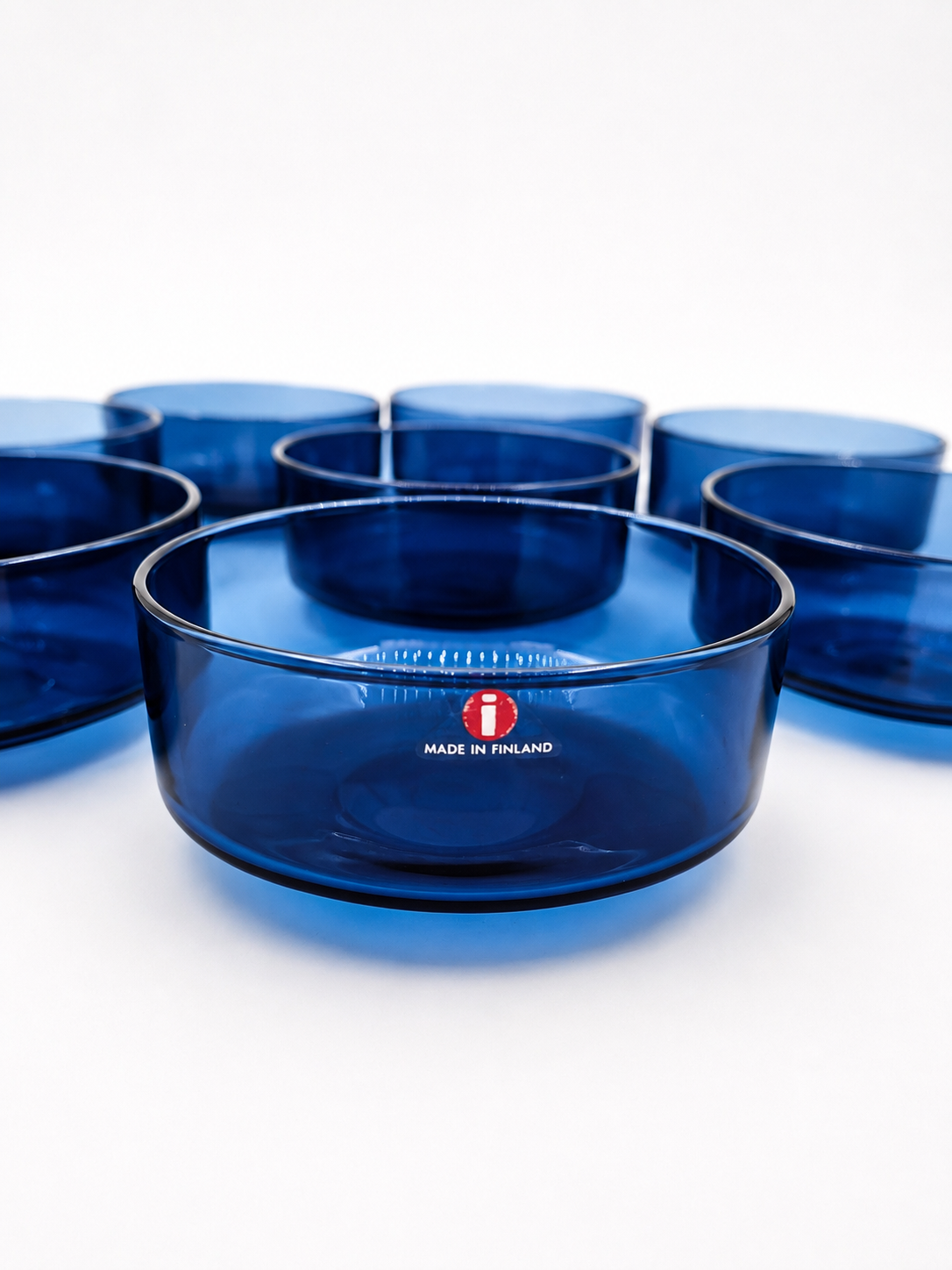 Set of 8 Vintage Iittala i-line Blue Glass Bowls, Timo Sarpaneva, Finnish Mid-Century Design
