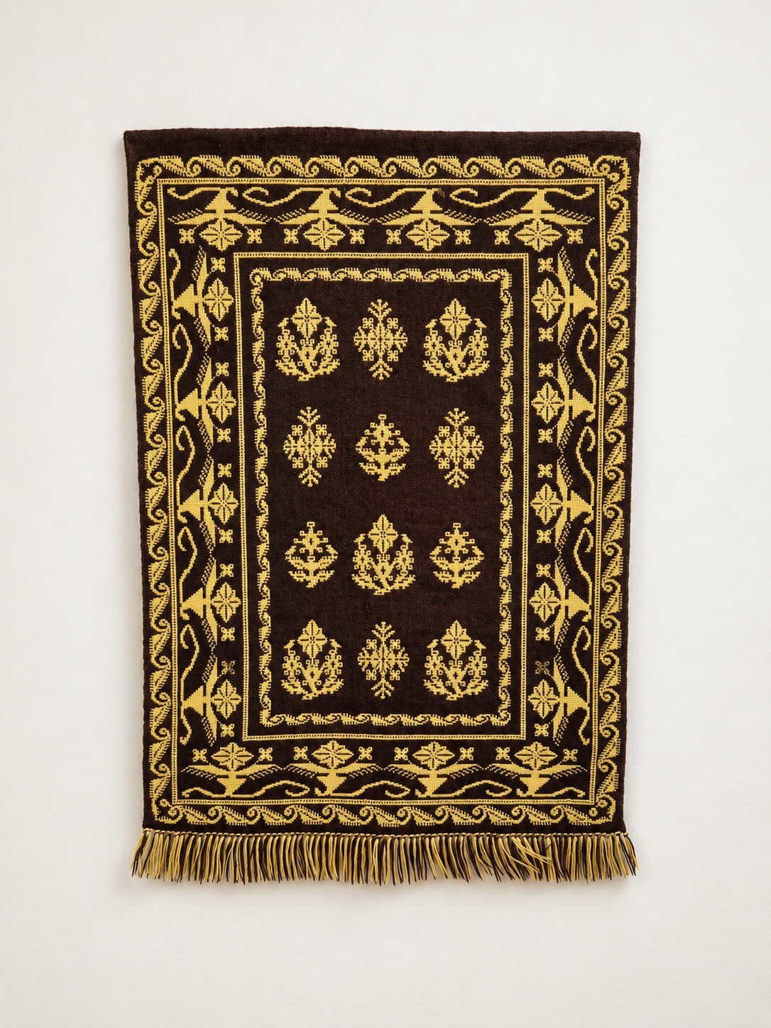 Vintage Finnish Täkänä Wall Hanging, Reversible Brown & Lime Green Double-Weave Tapestry, Nordic Folk Art Textile, 100 x 73 cm