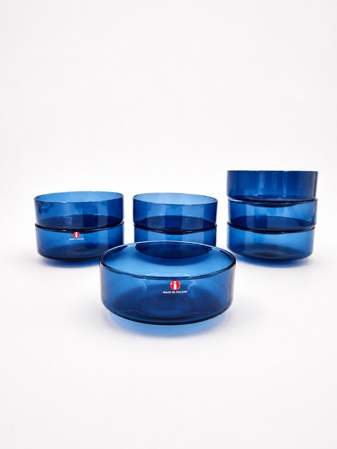 Set of 8 Vintage Iittala i-line Blue Glass Bowls, Timo Sarpaneva, Finnish Mid-Century Design