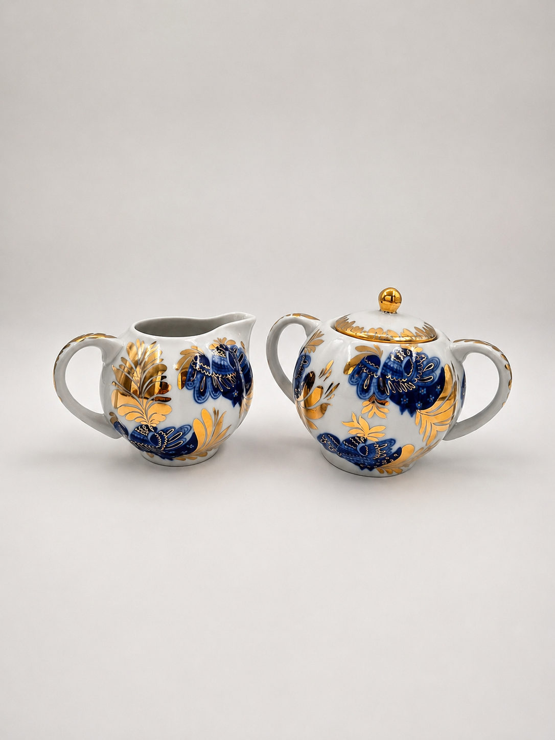 LFZ USSR Porcelain Vintage Lomonosov Golden Garden Sugar Bowl & Creamer