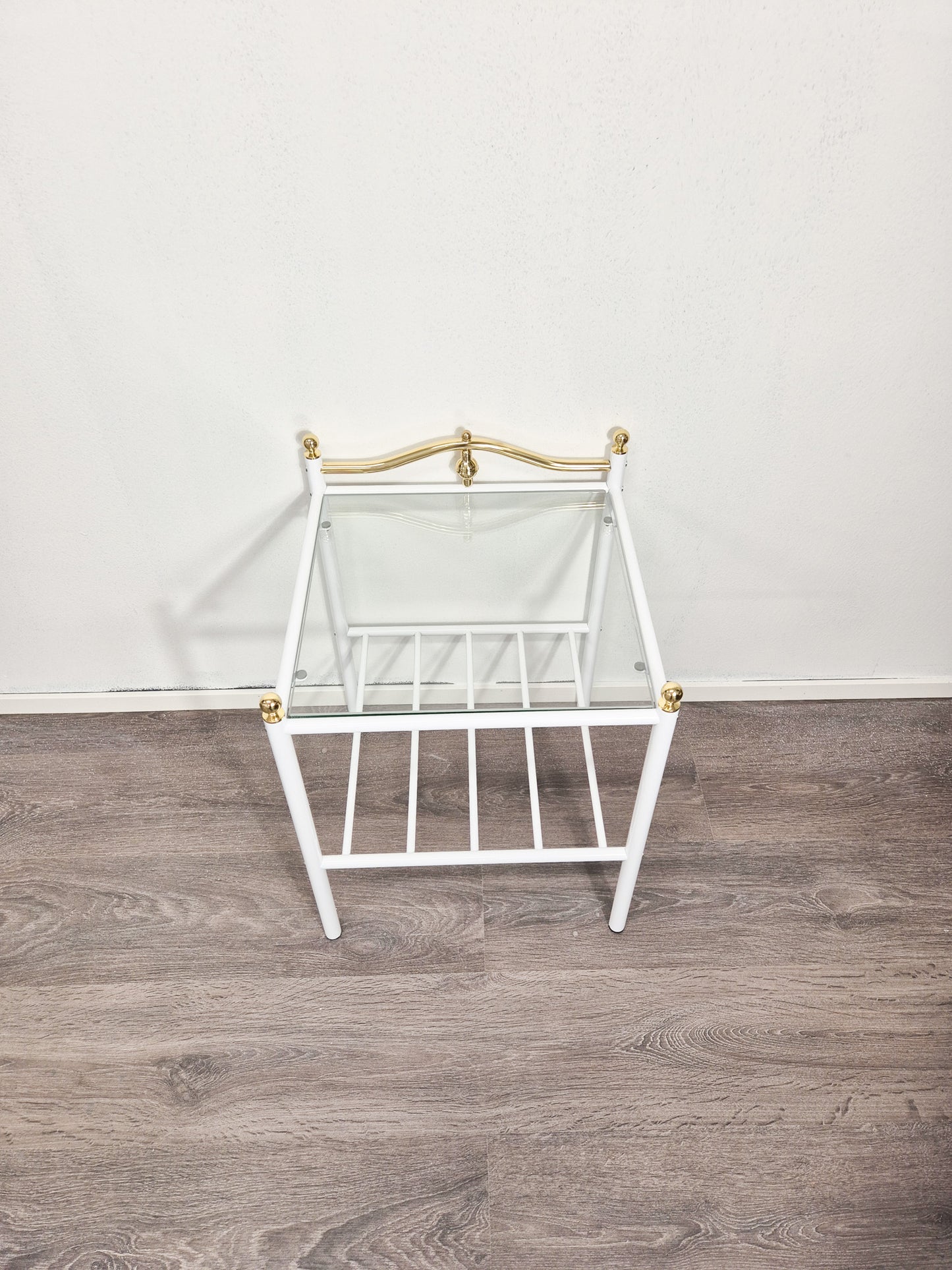 Vintage Finnish Side Tables (Pair) – White Metal, Glass & Brass Details