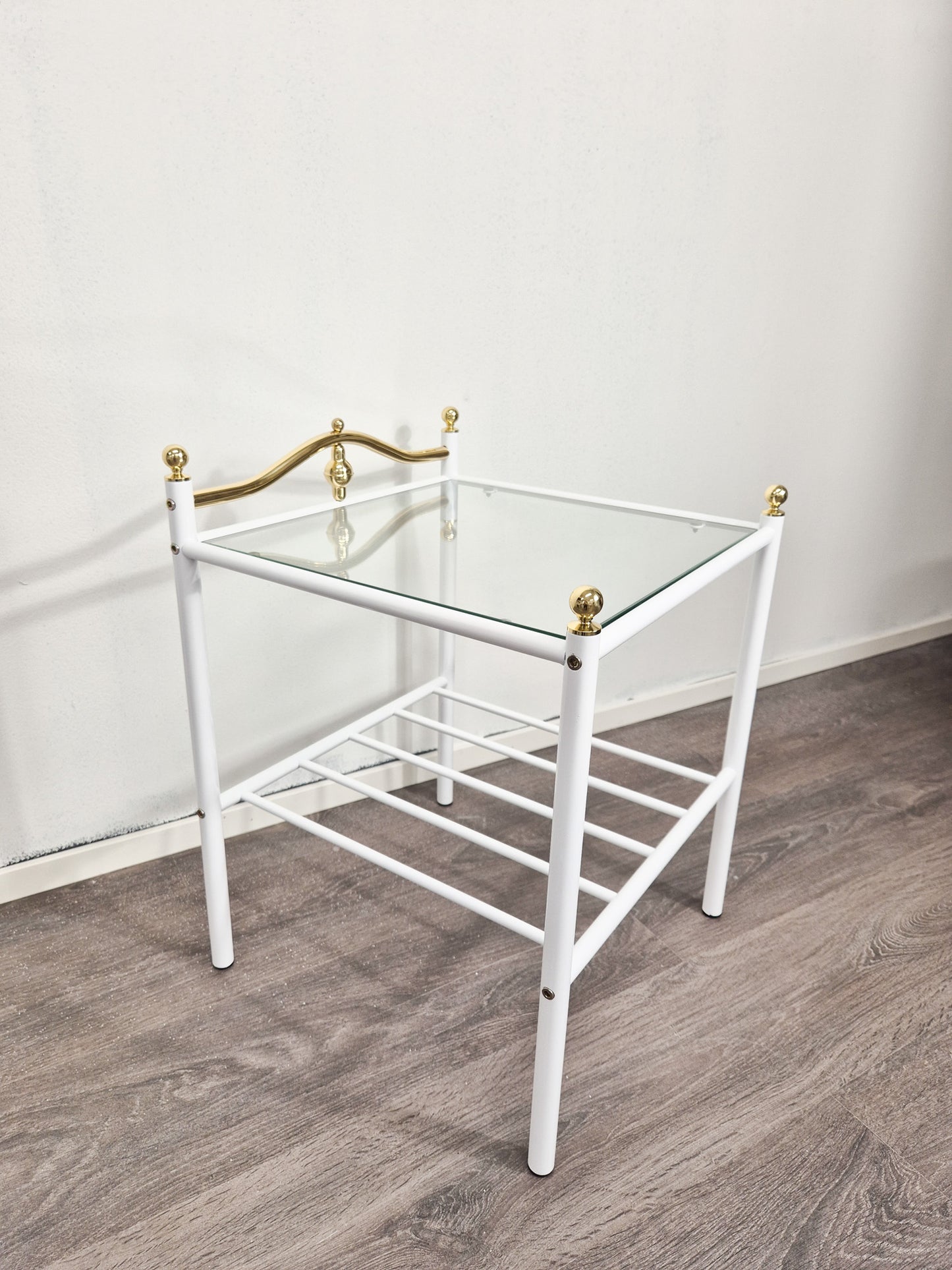 Vintage Finnish Side Tables (Pair) – White Metal, Glass & Brass Details