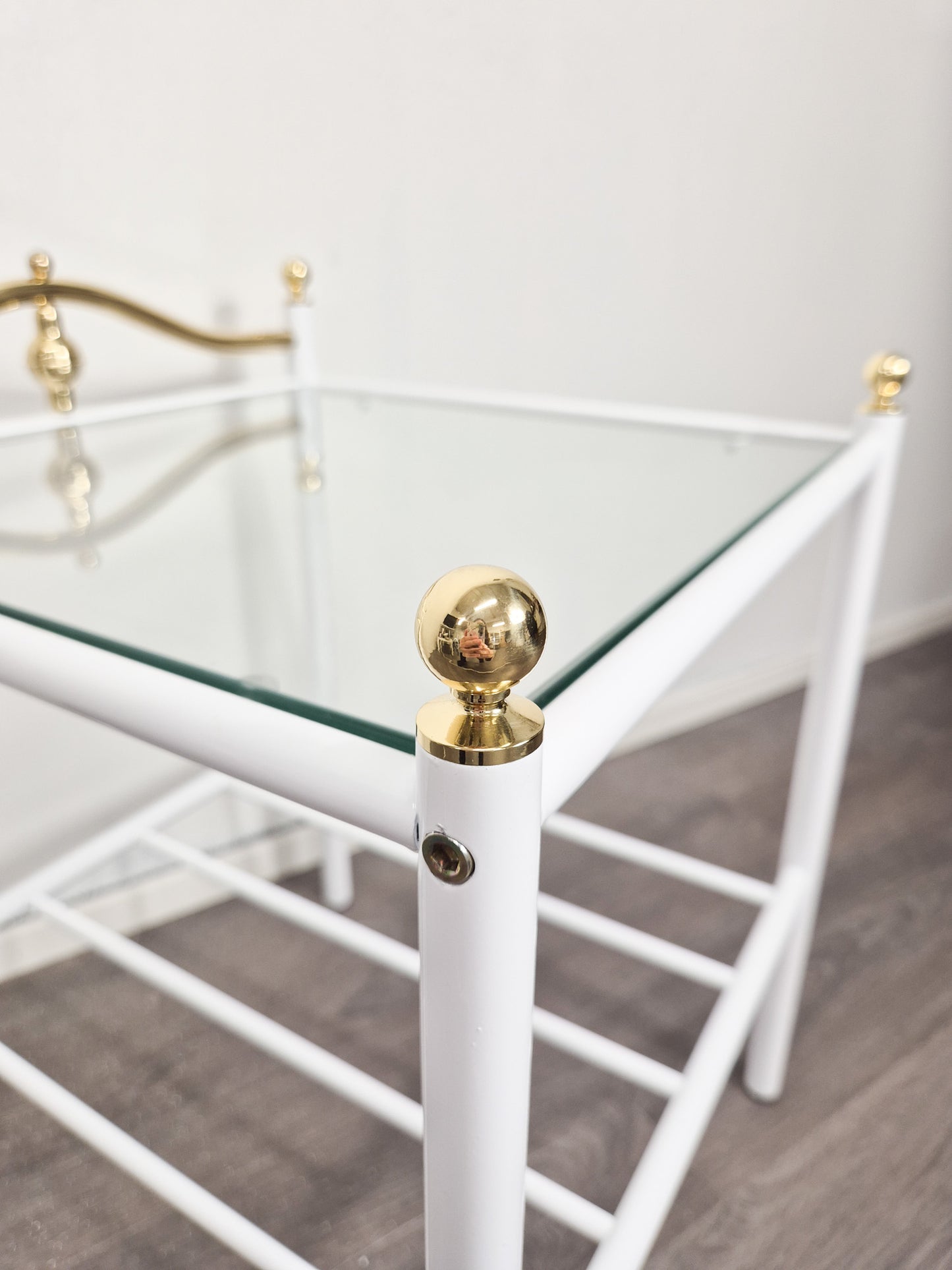 Vintage Finnish Side Tables (Pair) – White Metal, Glass & Brass Details