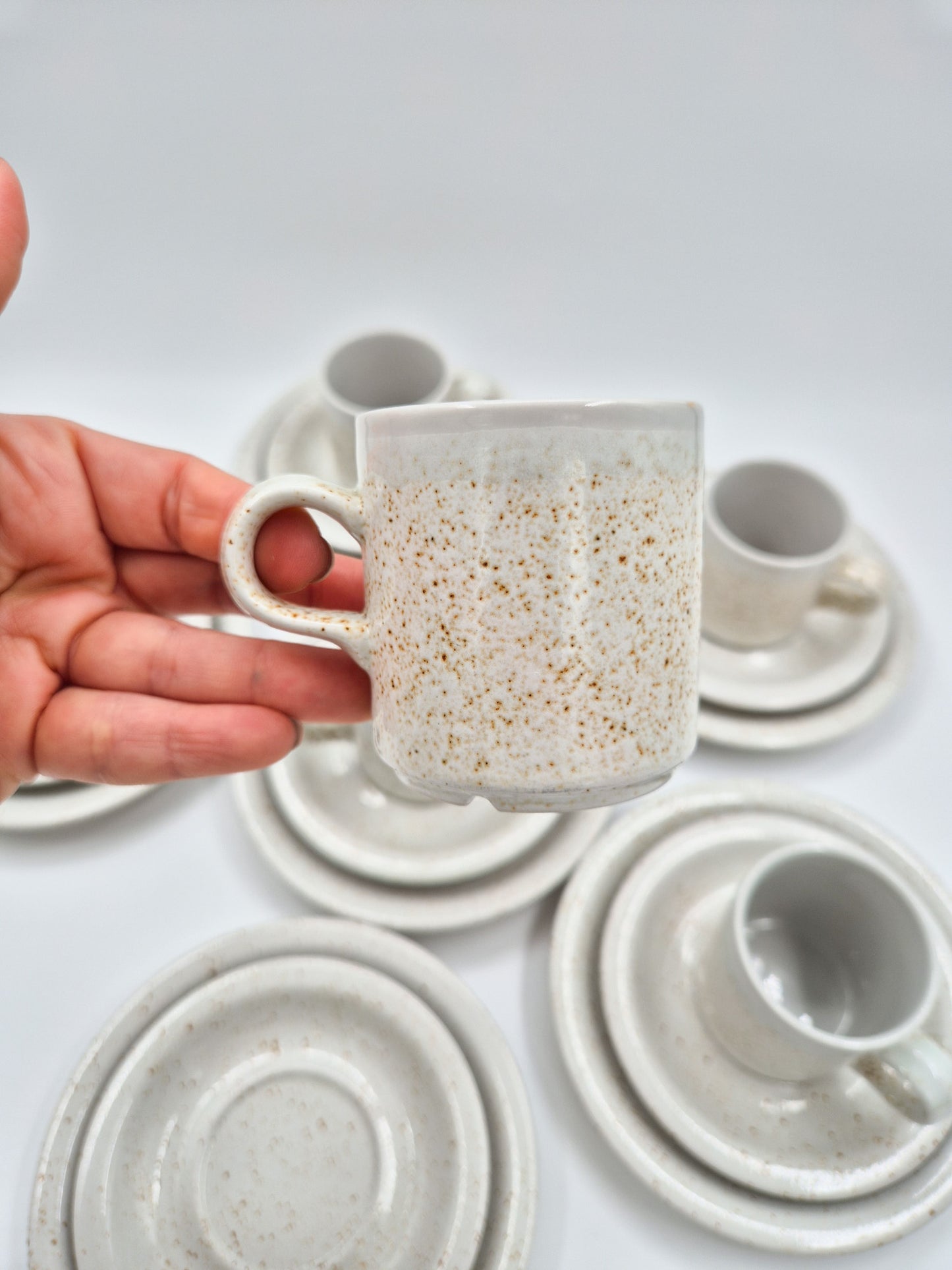 Set of 6 Pentik Riekko Coffee Trios – Vintage Finnish Stoneware Cups, Saucers & Plates