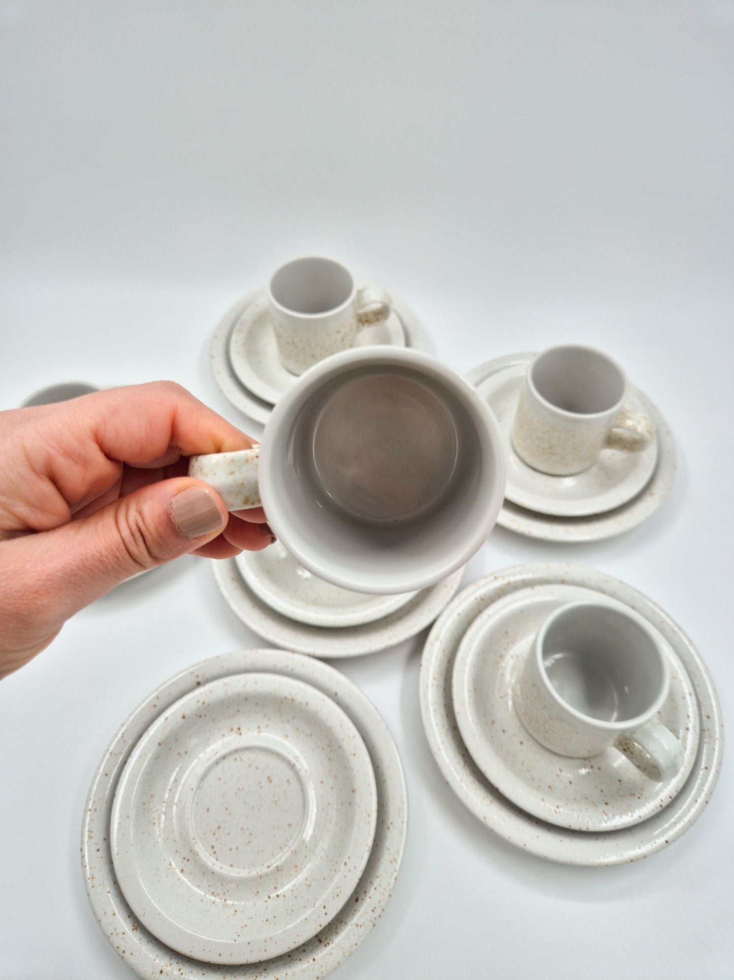Set of 6 Pentik Riekko Coffee Trios – Vintage Finnish Stoneware Cups, Saucers & Plates