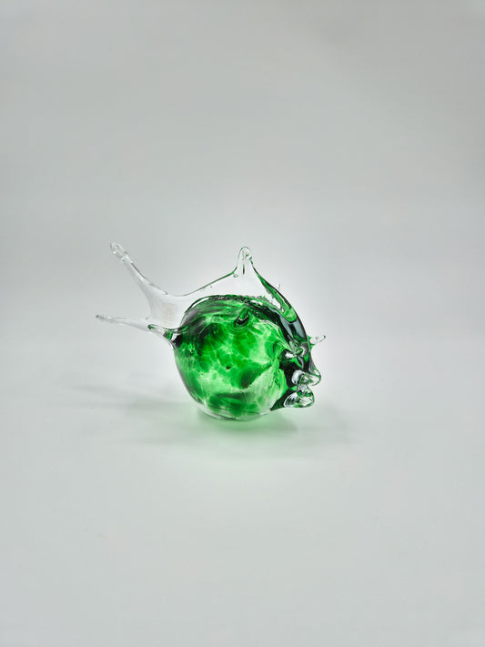 Vintage Studio Art Glass Fish – Hand Blown Green & Clear Glass Sculpture