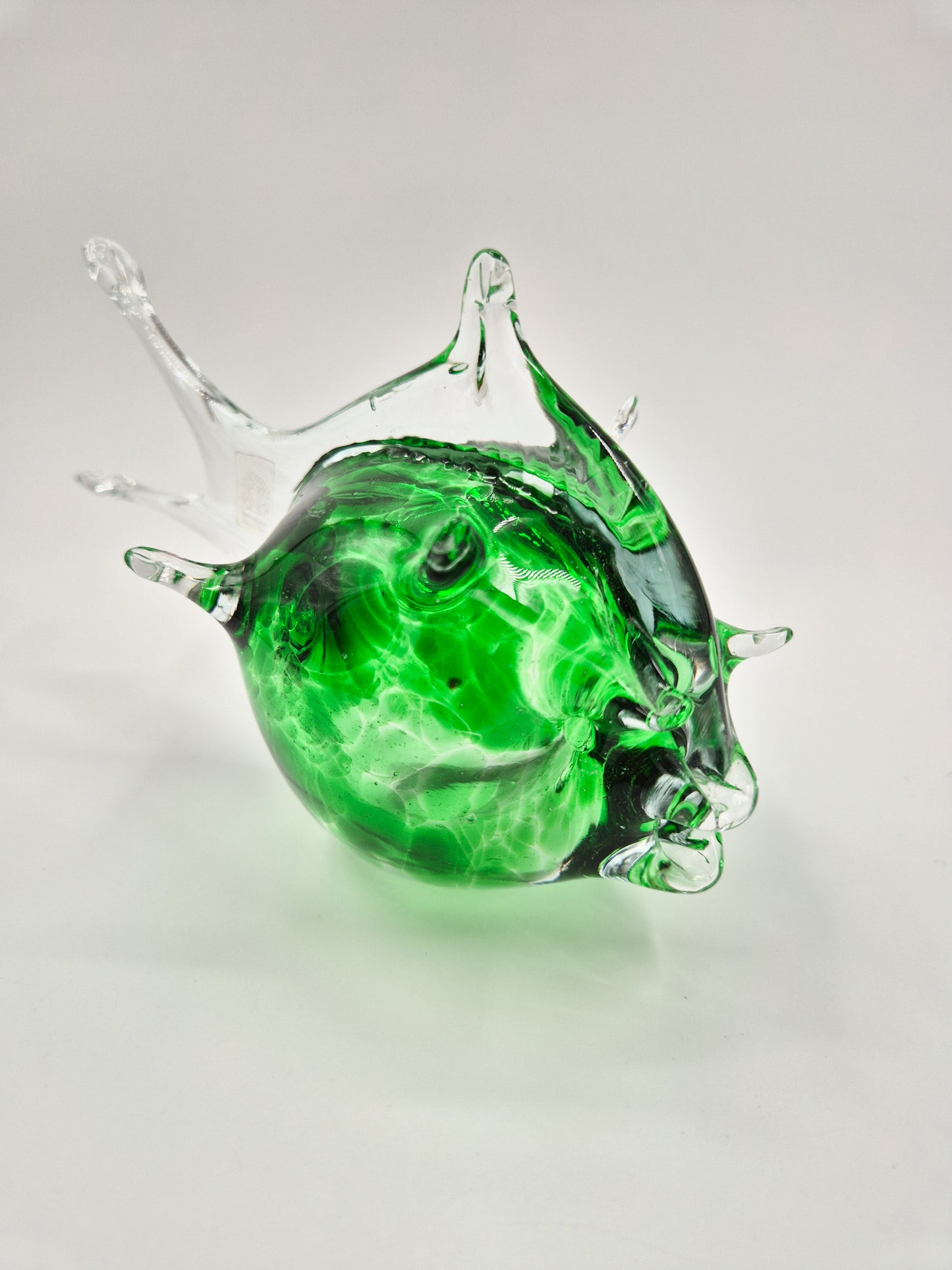 Vintage Studio Art Glass Fish – Hand Blown Green & Clear Glass Sculpture