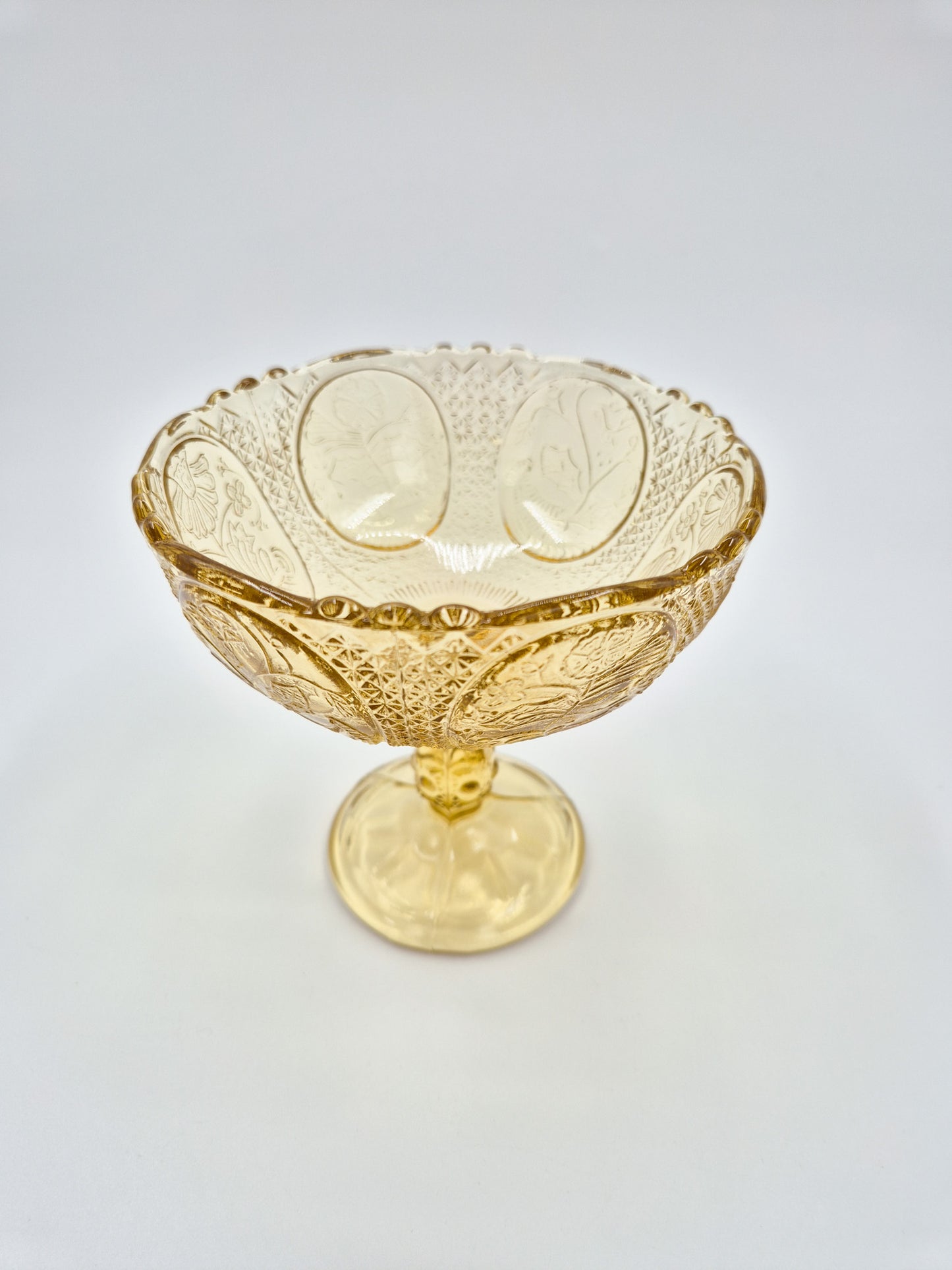 Vintage Olympia Amber Glass Compote Bowl – Pressed Glass Pedestal Dessert Bowl
