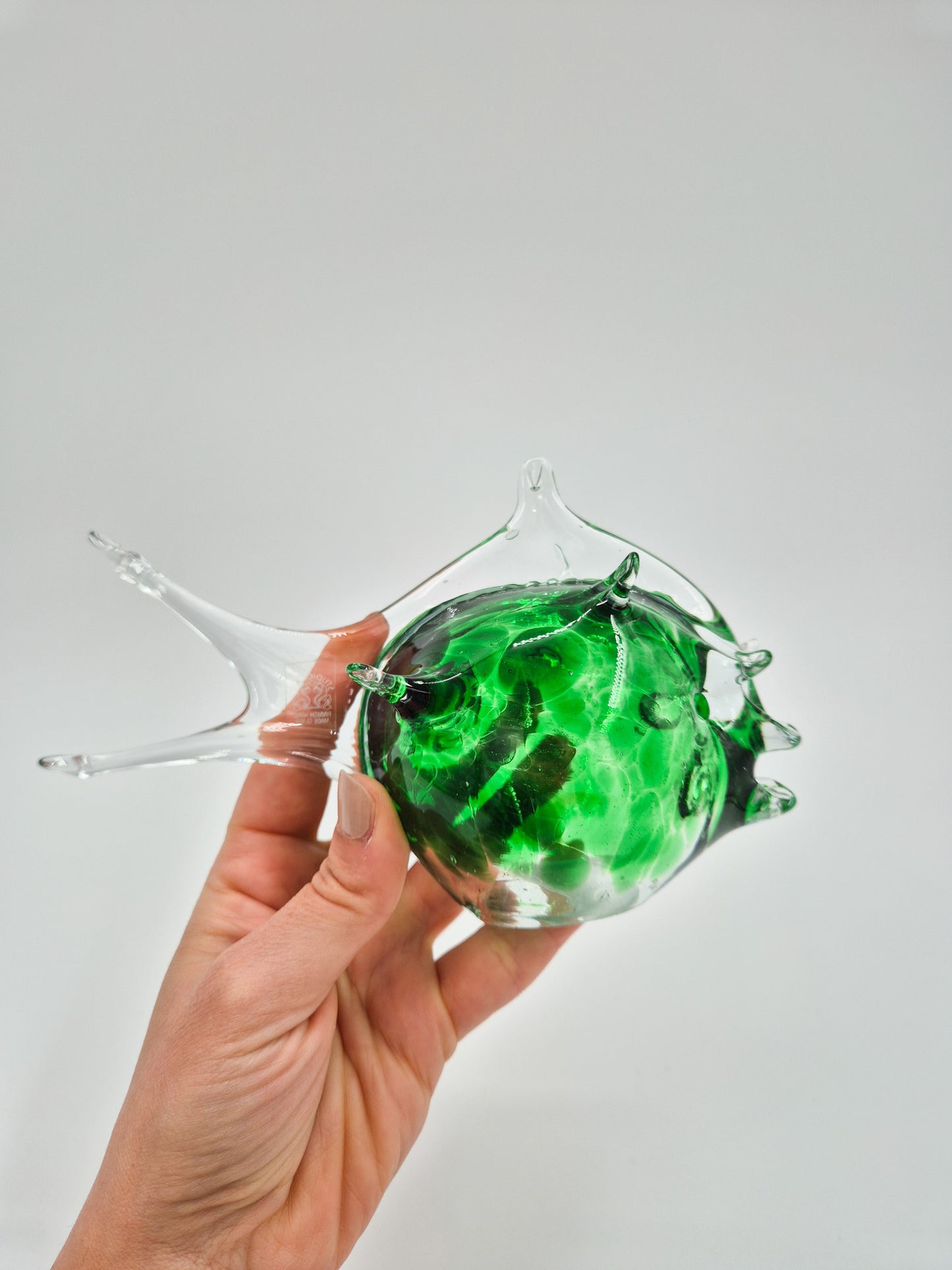 Vintage Studio Art Glass Fish – Hand Blown Green & Clear Glass Sculpture