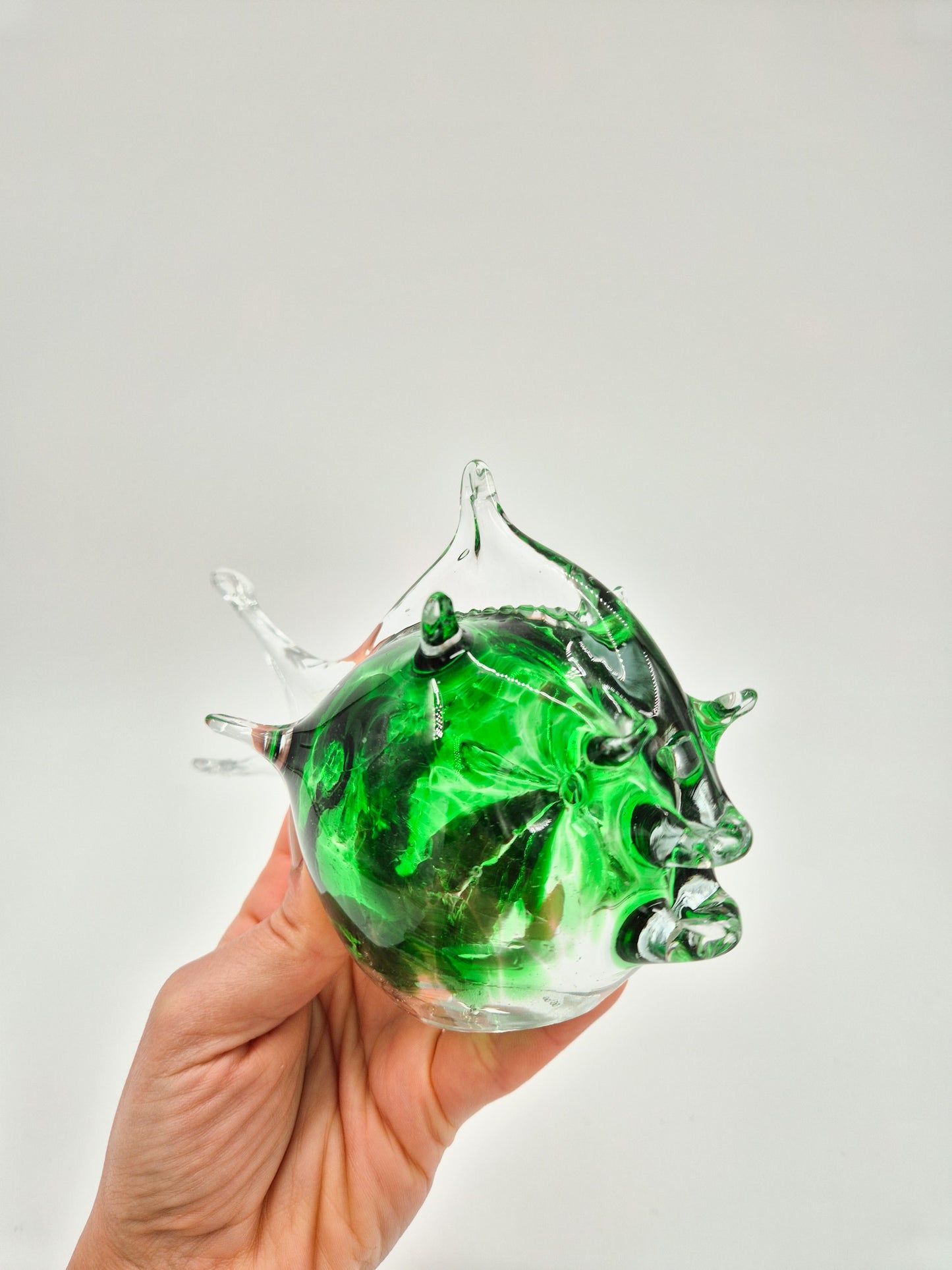 Vintage Studio Art Glass Fish – Hand Blown Green & Clear Glass Sculpture