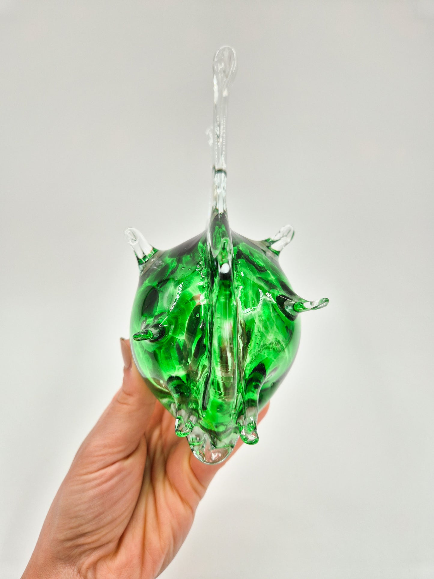 Vintage Studio Art Glass Fish – Hand Blown Green & Clear Glass Sculpture