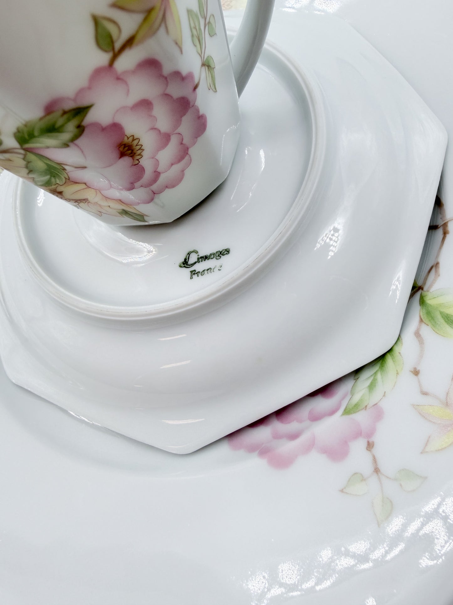 Limoges porseleinen koffiekopje, schoteltje en dessertbord