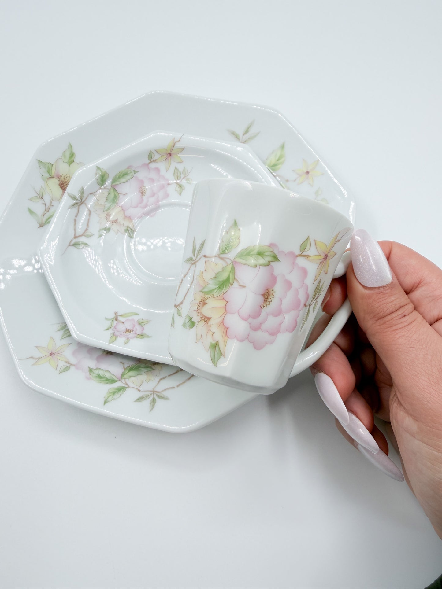 Limoges porseleinen koffiekopje, schoteltje en dessertbord