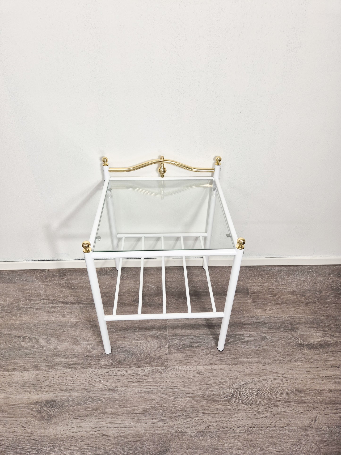 Vintage Finnish Side Tables (Pair) – White Metal, Glass & Brass Details