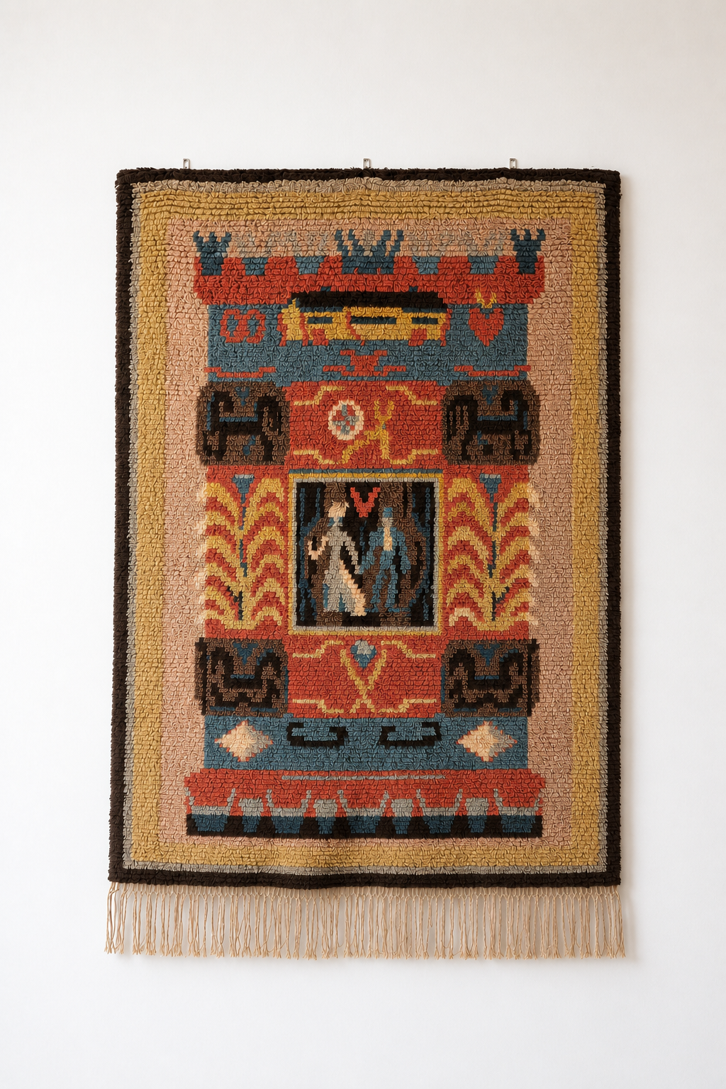 Large Finnish Handwoven Ryijy Wall Hanging Rug 130 x 185 cm – Folk Art Tapestry with Horse Motif – Vintage Scandinavian Textile