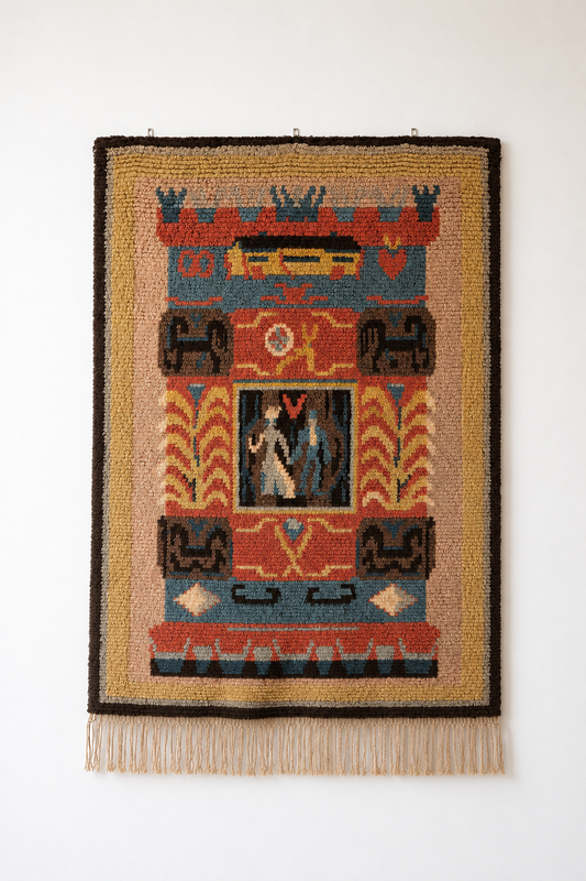 Large Finnish Handwoven Ryijy Wall Hanging Rug 130 x 185 cm – Folk Art Tapestry with Horse Motif – Vintage Scandinavian Textile
