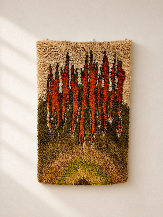 Vintage Finnish Ryijy Wall Hanging 100 x 150 cm | Handmade Wool Tapestry | Abstract Orange & Green Textile Art | Scandinavian Fiber Art