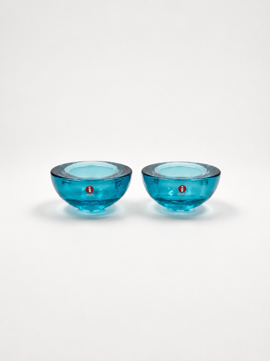Pair of Iittala Ballo Light Blue Tealight Candle Holders | Vintage Finnish Glass | Scandinavian Design | Made in Finland (1997–2005)