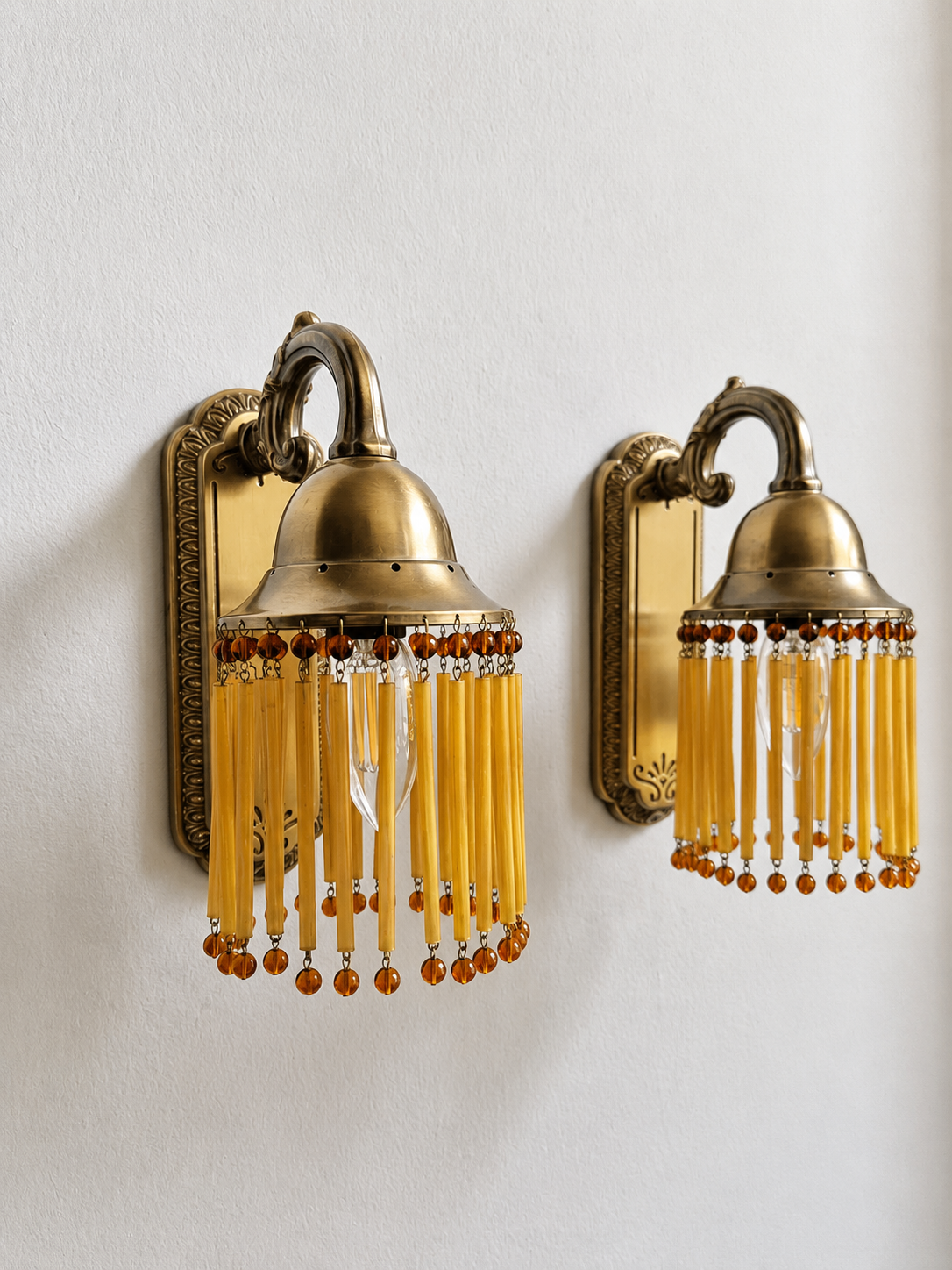 Pair of Vintage Sario Wall Sconces with Amber Acrylic Fringe | Finnish Mid-Century Wall Lamps | Hollywood Regency Lighting | Model 175