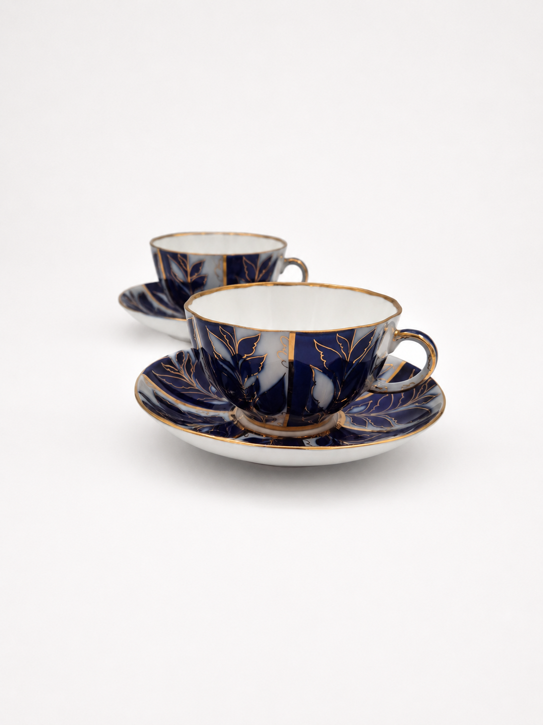 Set of 2 Vintage LFZ Lomonosov Teacup & Saucer, Soviet Porcelain, Cobalt Blue Gold Floral, Made in USSR