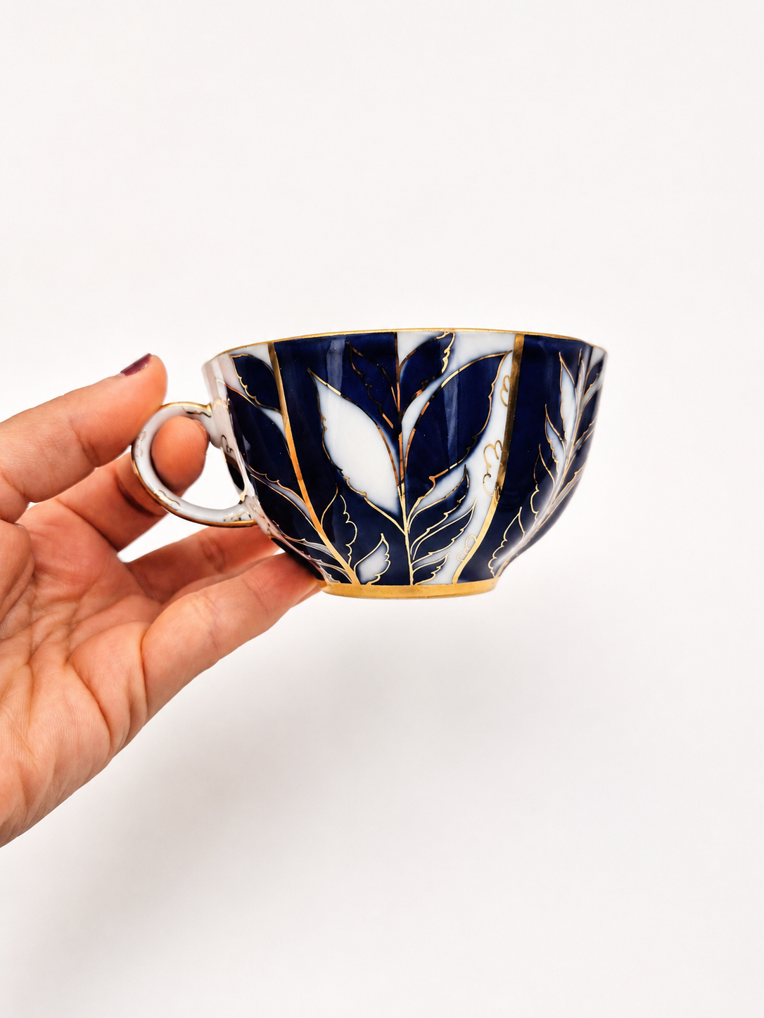 Set of 2 Vintage LFZ Lomonosov Teacup & Saucer, Soviet Porcelain, Cobalt Blue Gold Floral, Made in USSR