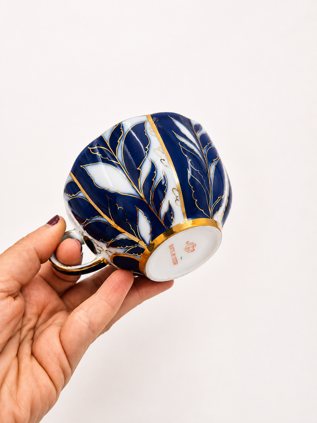 Set of 2 Vintage LFZ Lomonosov Teacup & Saucer, Soviet Porcelain, Cobalt Blue Gold Floral, Made in USSR