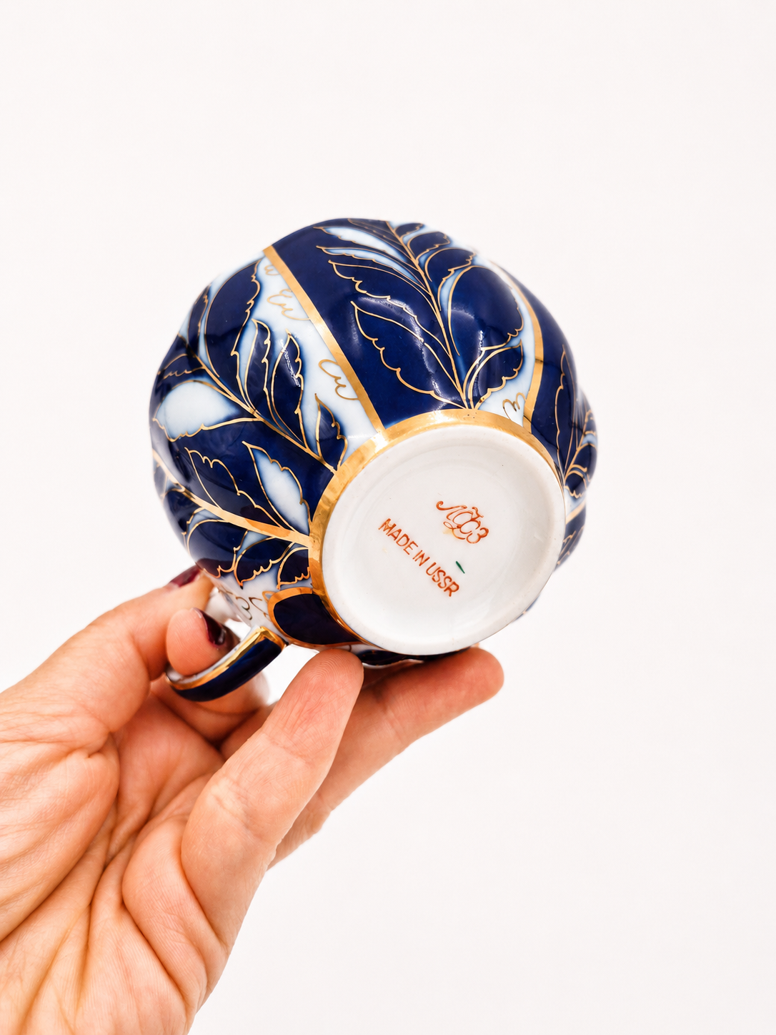 Set of 2 Vintage LFZ Lomonosov Teacup & Saucer, Soviet Porcelain, Cobalt Blue Gold Floral, Made in USSR