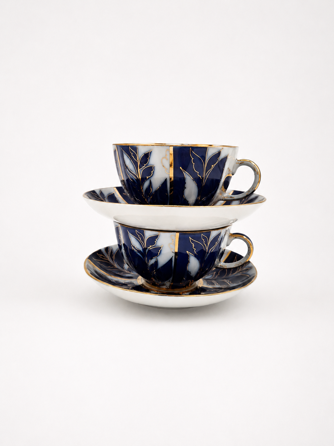 Set of 2 Vintage LFZ Lomonosov Teacup & Saucer, Soviet Porcelain, Cobalt Blue Gold Floral, Made in USSR