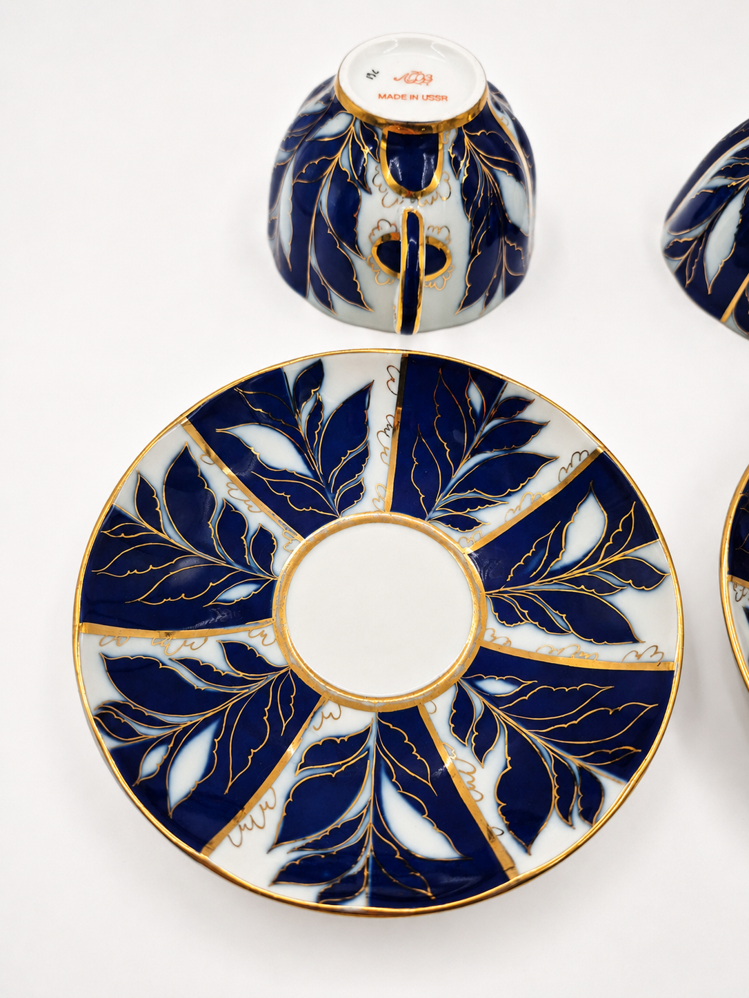Set of 2 Vintage LFZ Lomonosov Teacup & Saucer, Soviet Porcelain, Cobalt Blue Gold Floral, Made in USSR