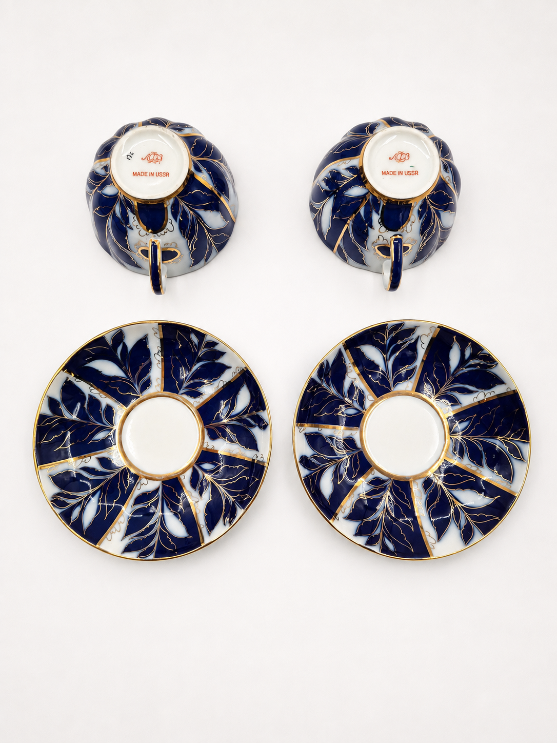 Set of 2 Vintage LFZ Lomonosov Teacup & Saucer, Soviet Porcelain, Cobalt Blue Gold Floral, Made in USSR