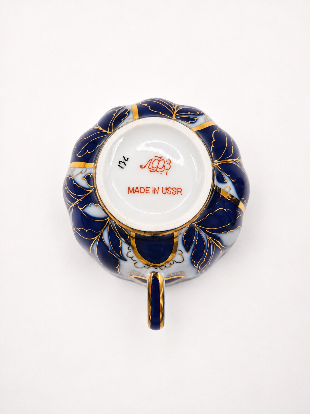Set of 2 Vintage LFZ Lomonosov Teacup & Saucer, Soviet Porcelain, Cobalt Blue Gold Floral, Made in USSR