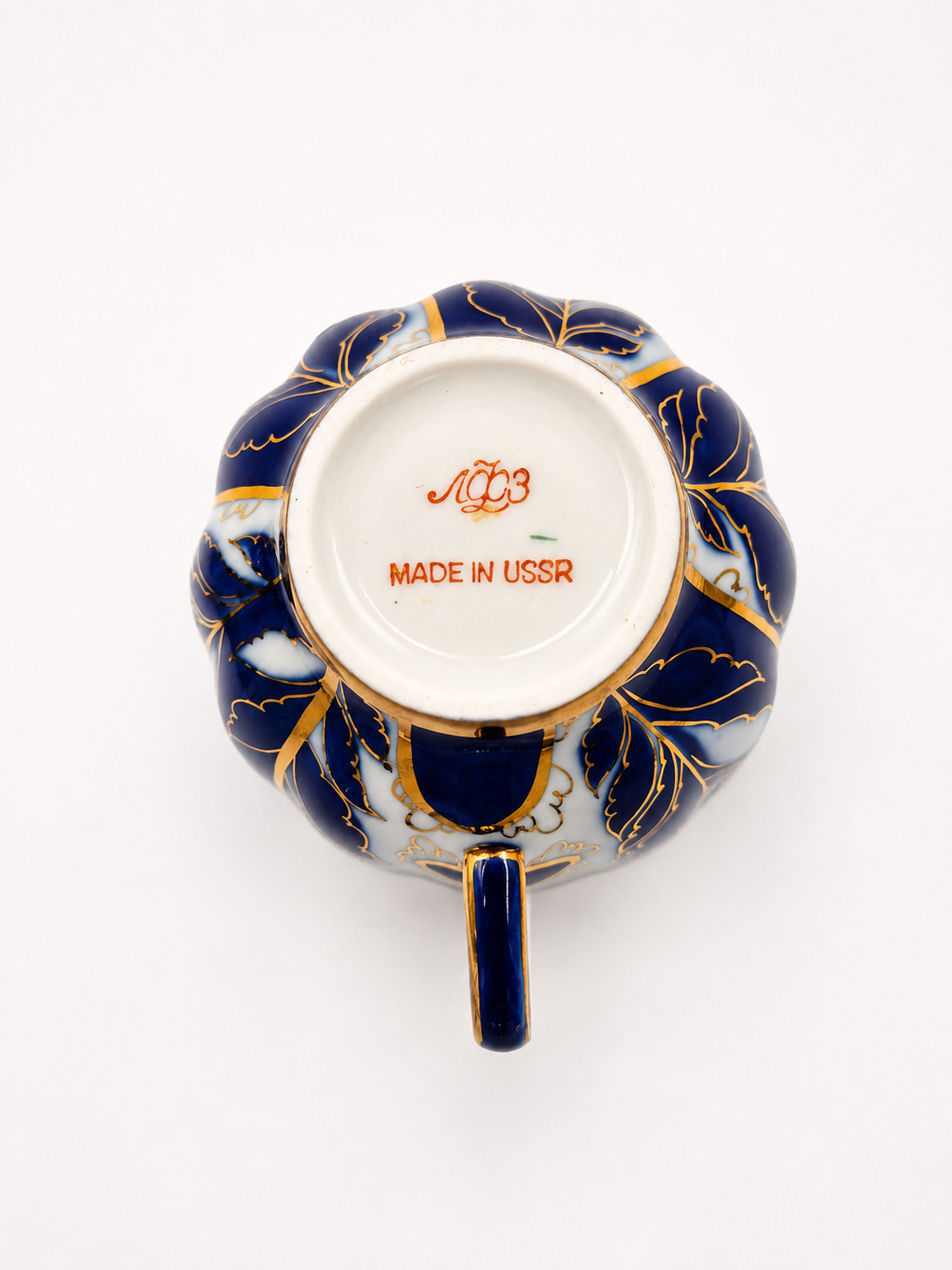 Set of 2 Vintage LFZ Lomonosov Teacup & Saucer, Soviet Porcelain, Cobalt Blue Gold Floral, Made in USSR