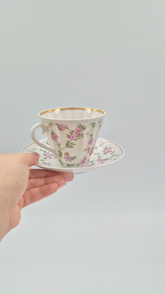 Lomonosov Porcelain Cup & Saucer Pink Floral Gold Trim