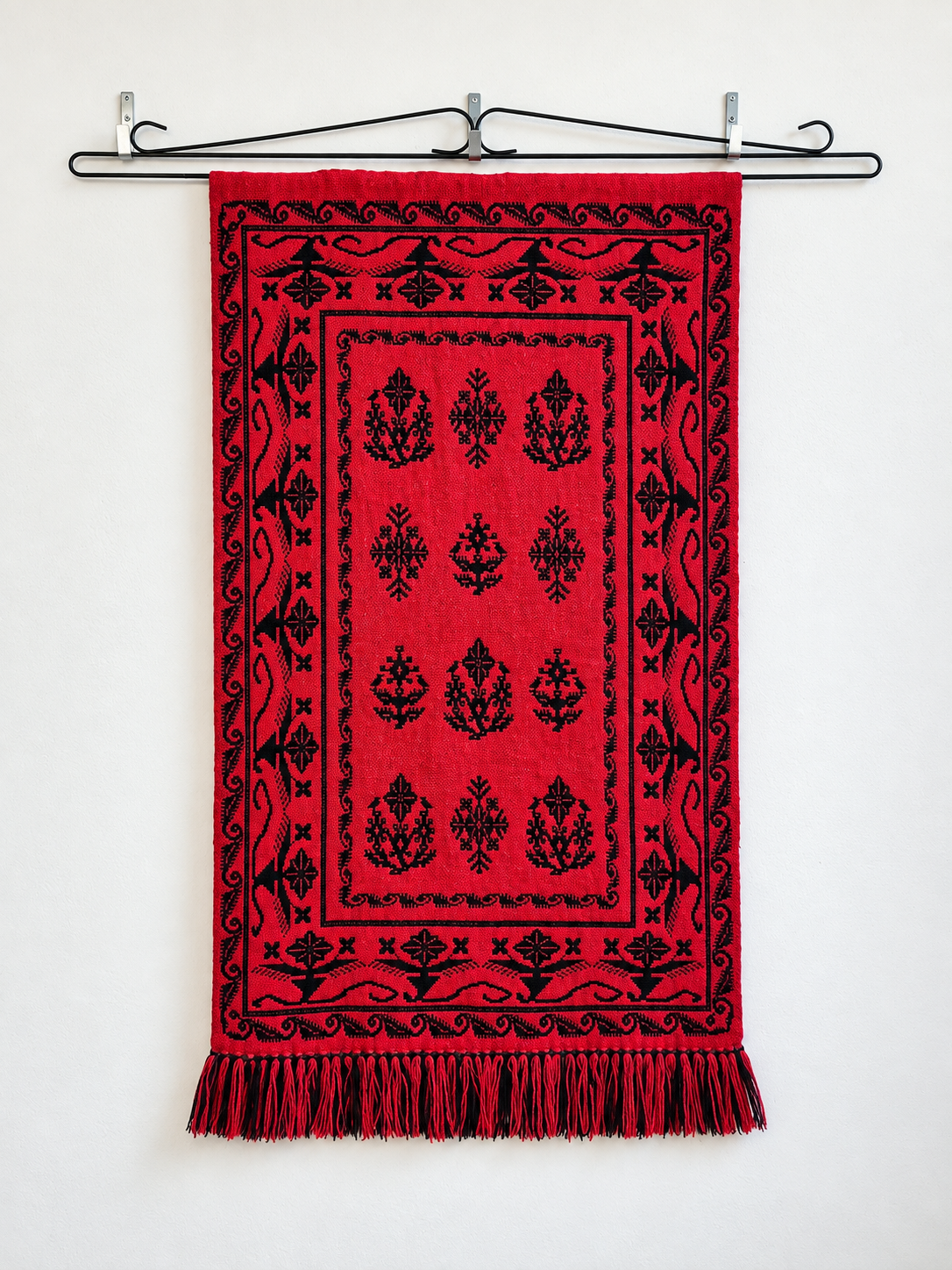 1970s Finnish Täkänä Wool Wall Hanging – Red & Black Double Weave, Midcentury Textile Art