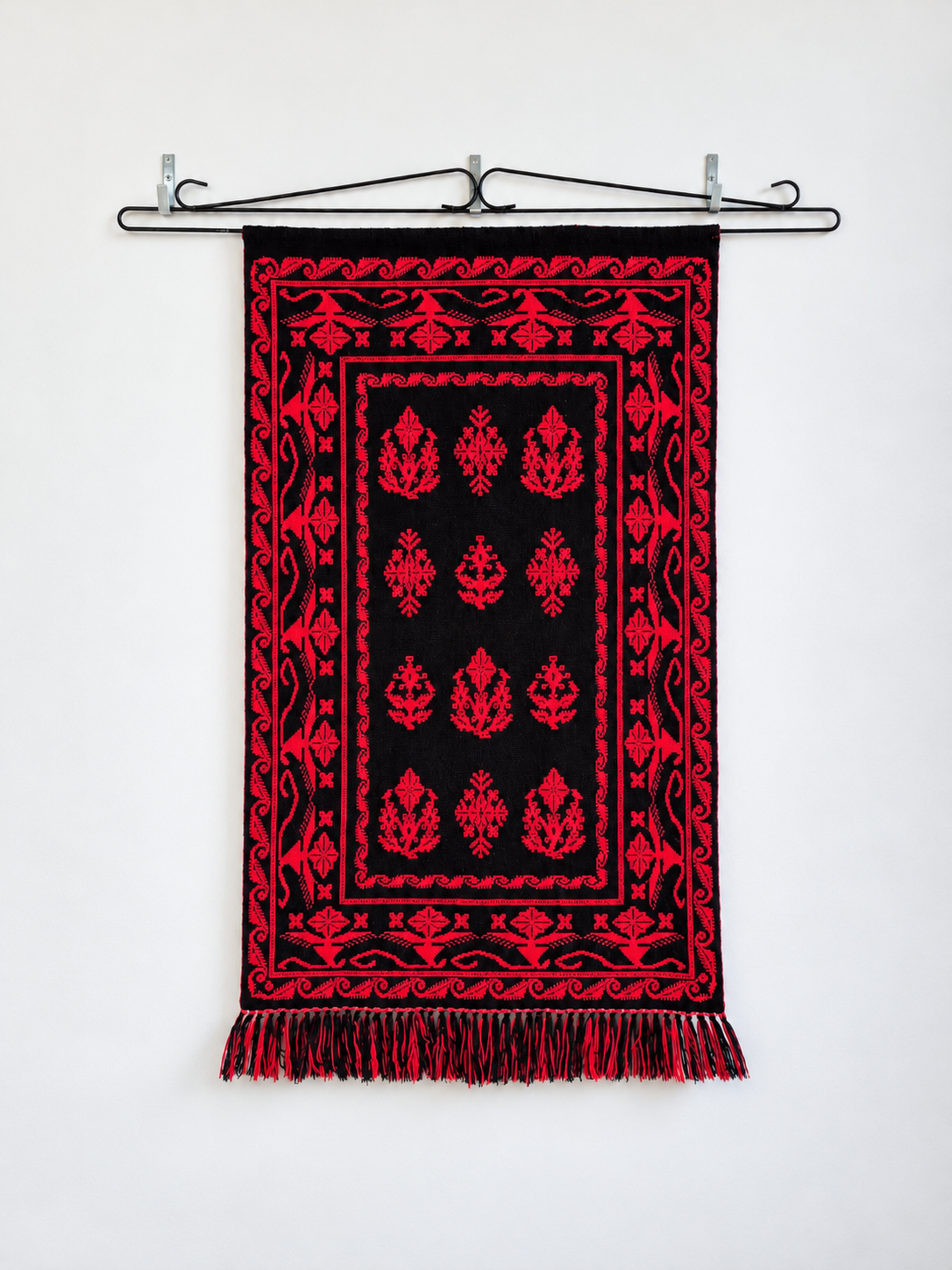 1970s Finnish Täkänä Wool Wall Hanging – Red & Black Double Weave, Midcentury Textile Art