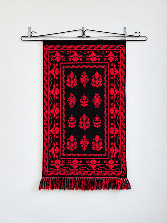 1970s Finnish Täkänä Wool Wall Hanging – Red & Black Double Weave, Midcentury Textile Art