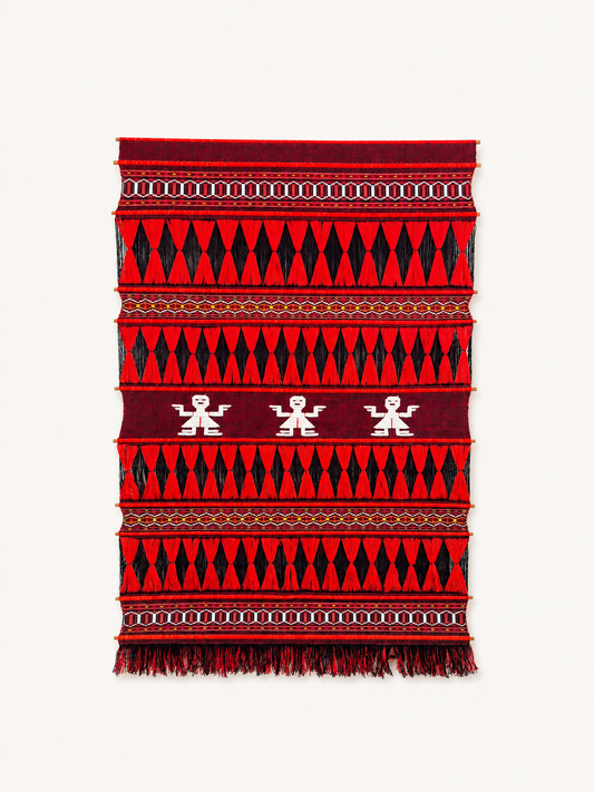 Vintage Peruvian Style Wall Hanging Textile, Handwoven Red Black Tapestry with Tassels, Boho Fiber Art, Tribal Wall Decor 100 x 155 cm