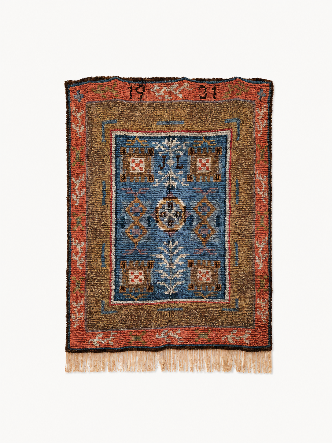 Antique Finnish Ryijy Rug 1931 | Handwoven Scandinavian Folk Art Textile | Large Vintage Wall Hanging 192x147 cm | Nordic Tapestry